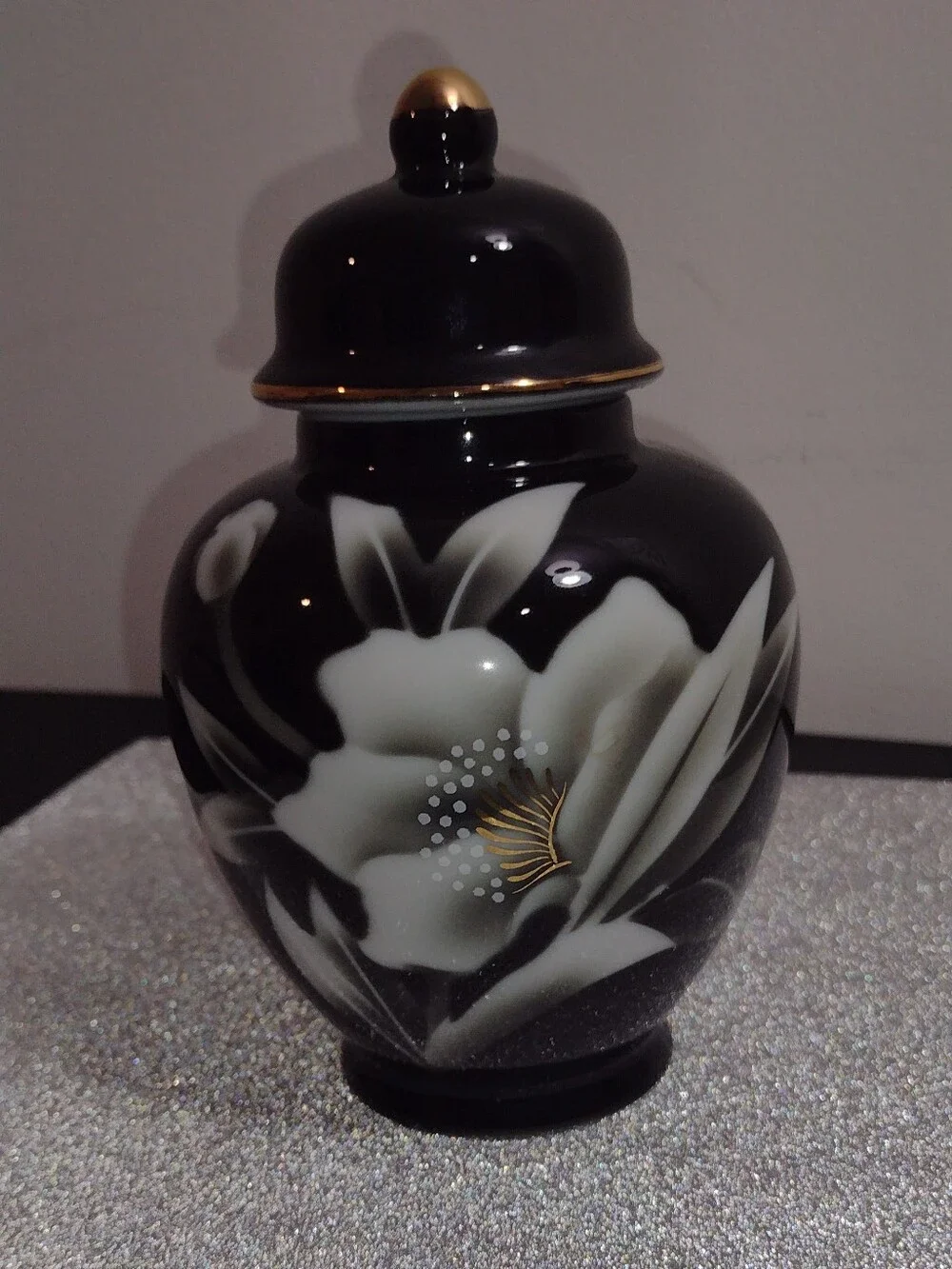 Japanese Weekend Black Porcelain Floral Ginger Jar with Gold Trim